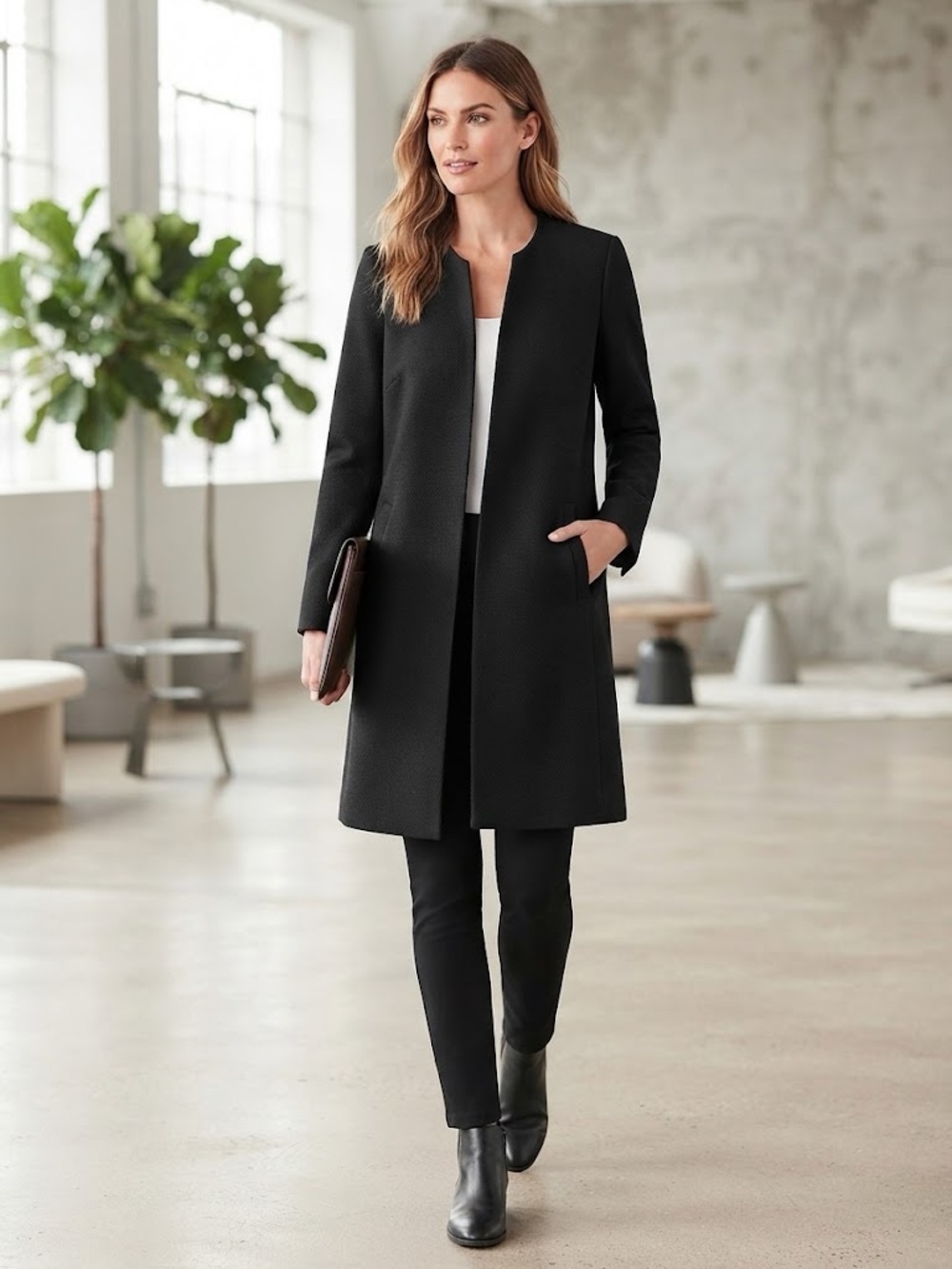 Women's Black Collarless Long Knee Length Textured Coat size XS